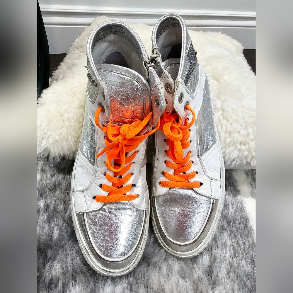 Zadig & Voltaire Silver & White High-Top Sneakers with Orange Laces Italy 39